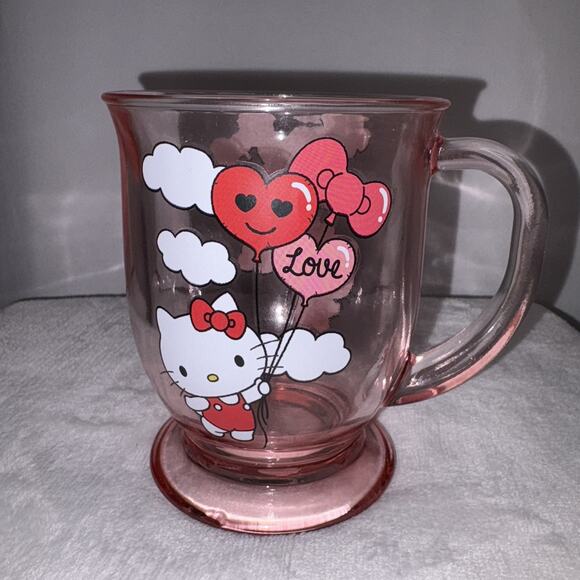 Hello Kitty Sanrio Clear Pink Glass Mug w/ Heart Balloons Coffee Tea Cup NEW - Picture 1 of 5